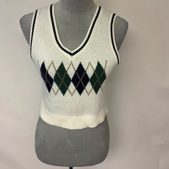 Hollister Womens Vest Ivory Cropped Preppy Argyle Academia School Girl SZ M - Picture 1 of 9
